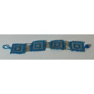 Handmade Blue Silver Seed Bead Woven Bracelet 8.25" Geometric Squares
